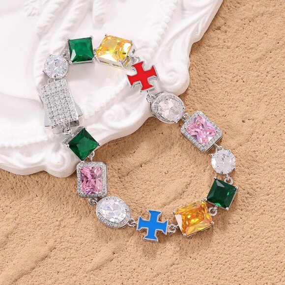 Colorful Diamond Cross Tennis Chain Bracelet 8in Gold Plated - Picture 8 of 8